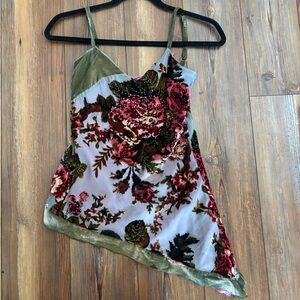 Hale Bob Silk Cowl Neck Beaded Tank Top Floral Velvet Size XS